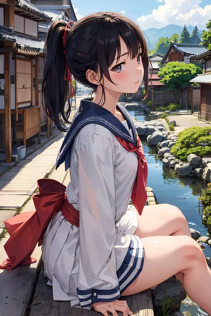 The image is a painting of a young girl in a school uniform. She has long black hair tied in a ponytail, brown eyes, and a red ribbon tied around her waist. She is wearing a white blouse with a blue sailor collar and a pleated skirt. She is sitting on a wooden railing in a Japanese-style town. There are traditional houses with wooden fences and stone streets. A river runs through the town and there are trees and greenery on the banks. The sky is blue and there are white clouds. The girl is looking down at the river and appears to be lost in thought.