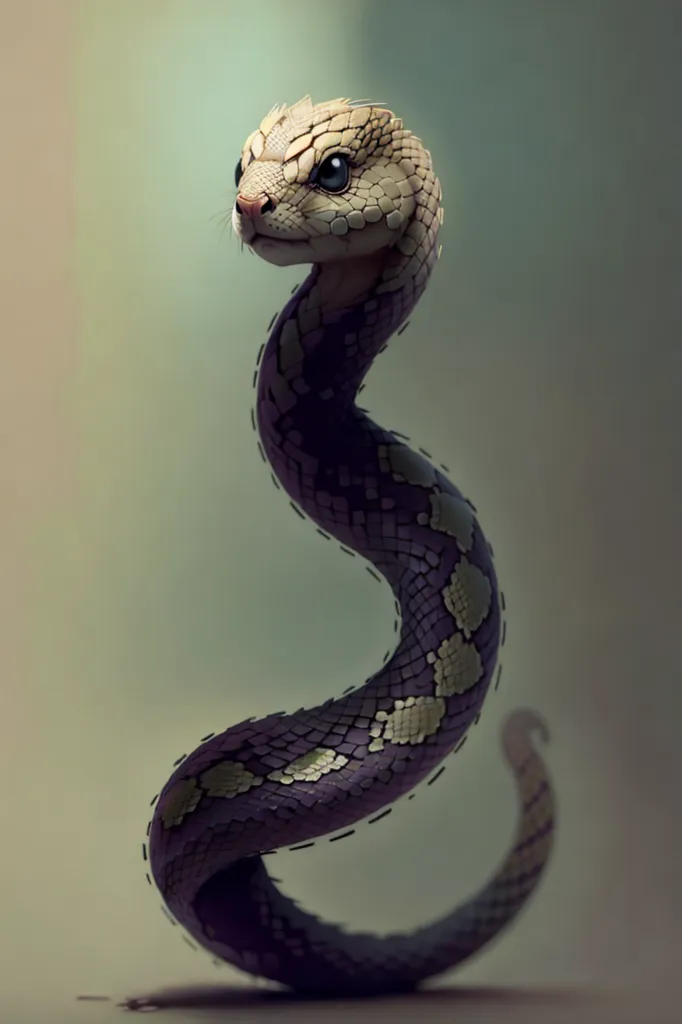 The image shows a snake with a cat's head. The snake is standing upright, with its tail curled around its body. The snake's head is white with black stripes, and its body is black with white spots. The snake's eyes are yellow, and its tongue is pink. The snake is standing on a brown surface, and the background is a light green color.