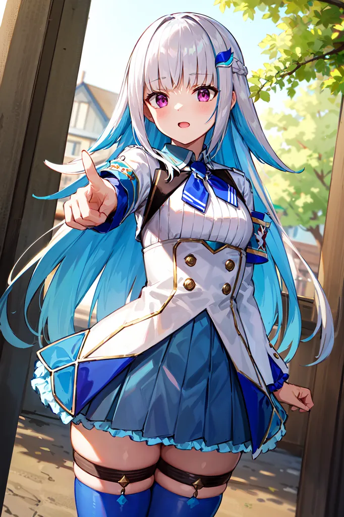 The image is an anime-style drawing of a young girl with long white and blue hair. She is wearing a white and blue sailor-style outfit with a pleated skirt and a blue tie. She is also wearing blue stockings and brown shoes. The girl is standing in a doorway, and she has her right hand raised in the air, as if she is pointing at something. She has a surprised expression on her face, and her eyes are wide open. The background of the image is a blurred street with trees.