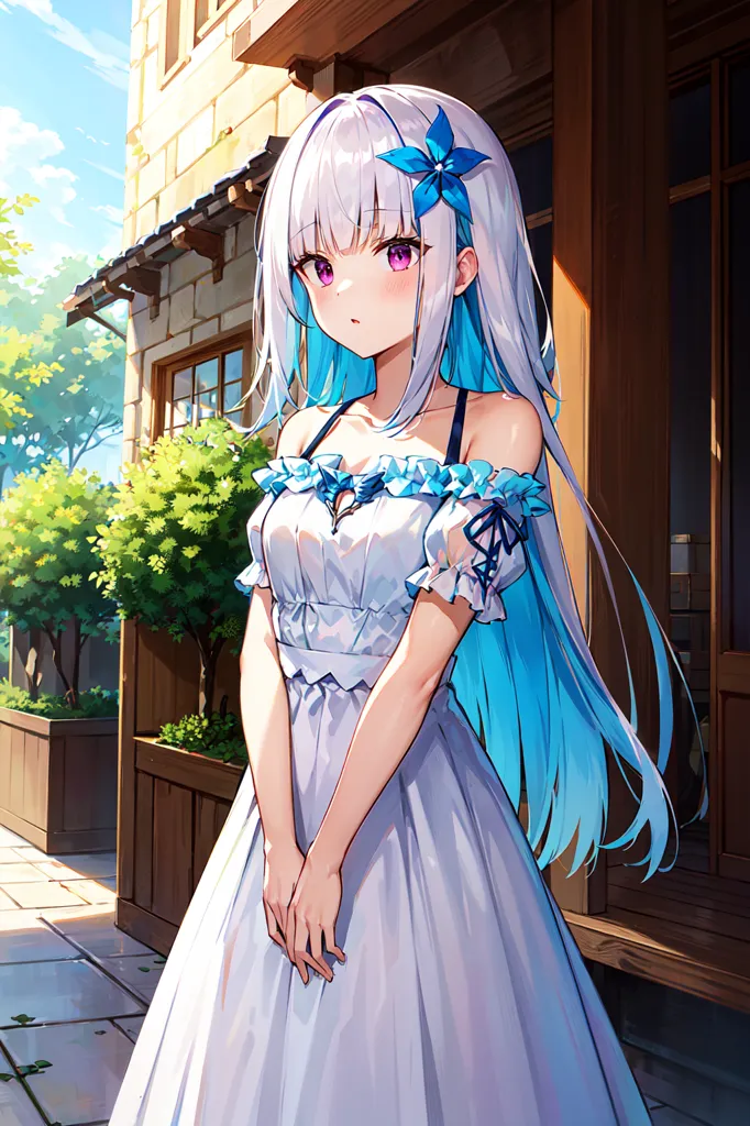 The image is of a beautiful anime girl with long white and blue hair. She is wearing a white dress with a blue flower in her hair. She is standing in front of a wooden door with a brick building in the background. The girl has purple eyes and a shy expression on her face. She is wearing a white dress with a sweetheart neckline and off-the-shoulder sleeves. The dress is trimmed with blue ribbon. She is also wearing a pair of white gloves. The girl's hair is long and straight, and it is flowing down her back. She has a blue flower in her hair. The girl is standing in front of a wooden door. The door is closed, and there is a wreath of flowers on it. The girl is looking at the door with a shy expression on her face.