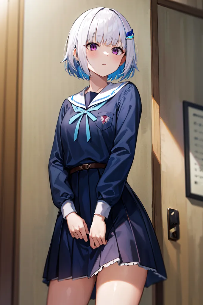 The image is of a young woman with white hair and purple eyes. She is wearing a blue sailor-style uniform with a white collar and a blue bow. The skirt of the uniform is pleated and she is wearing brown shoes. She is standing in a doorway and has her hands clasped in front of her. She is looking at the viewer with a shy expression on her face.