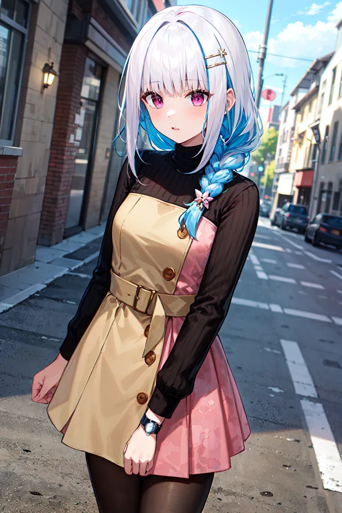 The image is a photo of an anime-style girl with white and blue hair. She is wearing a brown and pink dress with a black turtleneck blouse underneath. She is also wearing black stockings and brown shoes. The girl is standing on a city street with buildings and cars in the background.