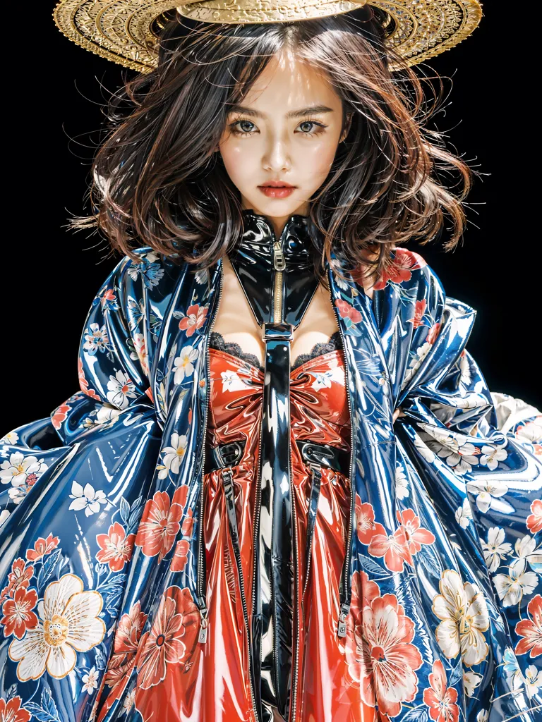 La imagen muestra a una mujer joven, con el cabello largo y oscuro, que lleva una chaqueta de estilo kimono con estampado floral azul y rojo. La chaqueta está abierta, mostrando un vestido rojo debajo. También lleva un collar grande y un tocado dorado. Su maquillaje es oscuro y dramático, con un delineado de ojos intenso y un labial oscuro. Mira a la cámara con una expresión seria. El fondo es negro, lo que la hace resaltar.