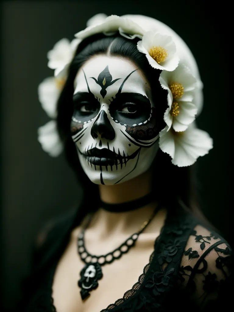 L'image est un portrait d'une jeune femme aux cheveux foncés et à la peau claire. Elle porte un maquillage traditionnel mexicain de crâne de sucre avec des fleurs blanches dans les cheveux. Le maquillage est noir et blanc avec des détails complexes. Elle porte une robe en dentelle noire avec un col blanc. L'arrière-plan est sombre.