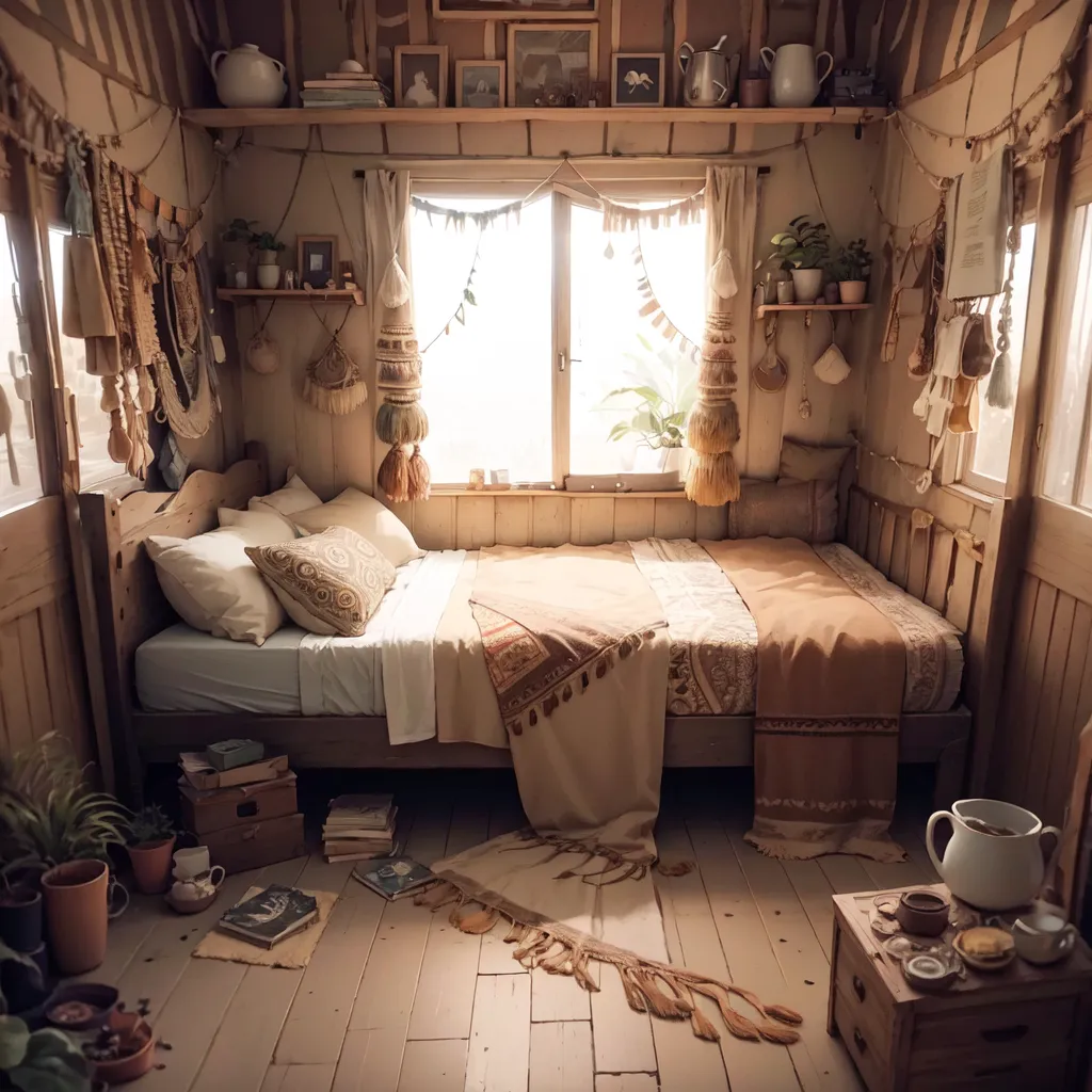 The image shows a cozy bedroom with a bed, a window, and a few pieces of furniture. The bed is made with a white duvet and a brown patterned blanket. There are two pillows on the bed, one white and one brown. The window is covered with a white curtain. There is a small wooden table next to the bed with a white teapot and two teacups on it. There is a brown patterned rug on the floor. The room is decorated with a few pieces of art, including a painting of a landscape and a dreamcatcher. There are also a few plants in the room, including a potted plant on the floor and a hanging plant in the window. The room is lit by a warm, golden light.