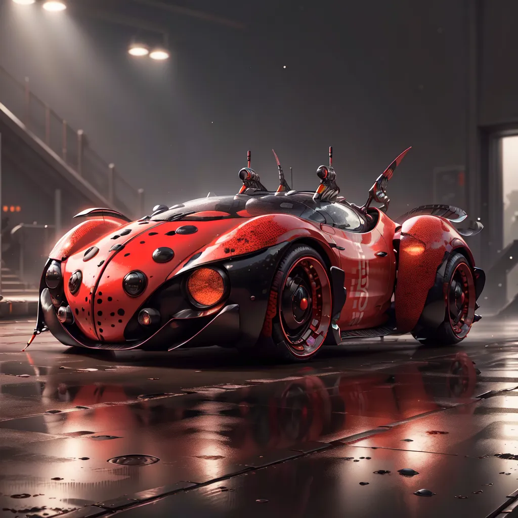 A imagem mostra um carro futurista vermelho e preto que parece uma joaninha. Ele tem uma pintura metálica brilhante e rodas pretas. O carro está estacionado em uma garagem ou armazém escuro. Há algumas luzes ao fundo e o chão está molhado e reflexivo. O carro também está coberto de bolinhas.