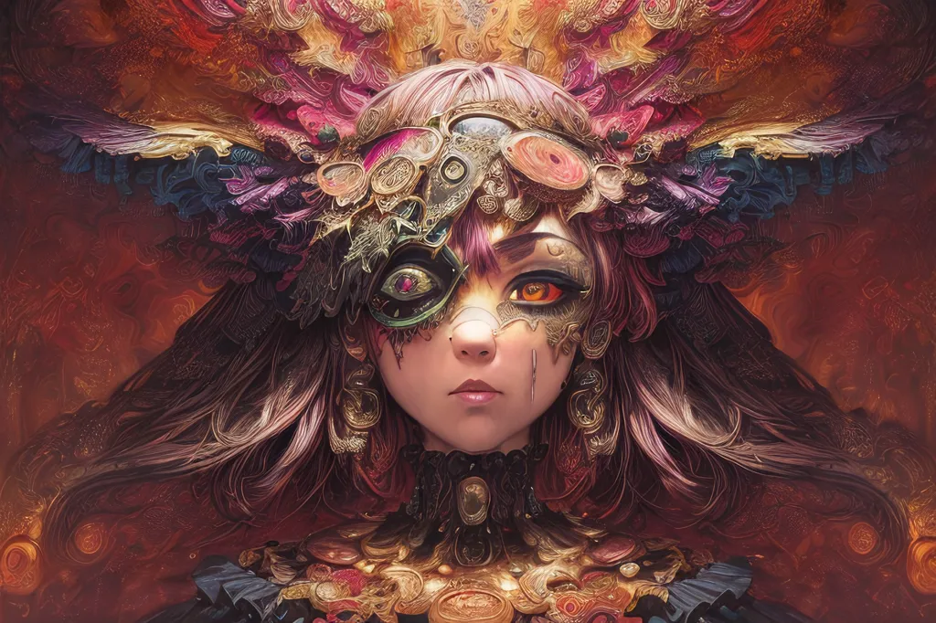 Esta imagem mostra uma mulher com cabelo rosa e acessórios steampunk em sua cabeça e pescoço. Ela tem olhos castanhos e está usando um vestido preto e vermelho. O fundo é vermelho escuro com um padrão de formas vermelhas claras e amarelas.