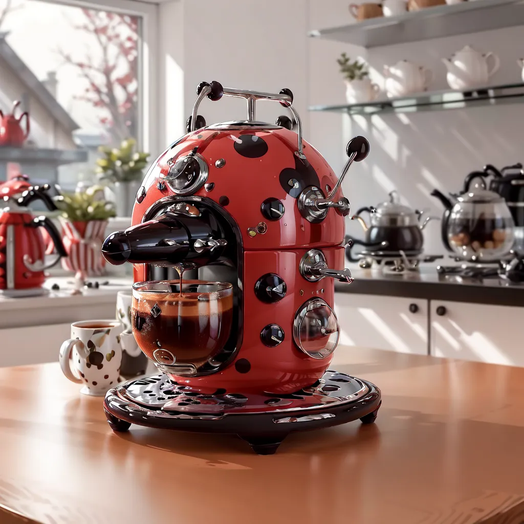 The image shows a red and black ladybug-shaped coffee machine. The coffee machine is sitting on a round black base on a wooden table. There is a glass cup with coffee in it sitting in front of the coffee machine. There is a small white and gray mug sitting to the left of the glass cup. There is a window in the background and several tea kettles and other kitchen appliances on the counter behind the coffee machine.