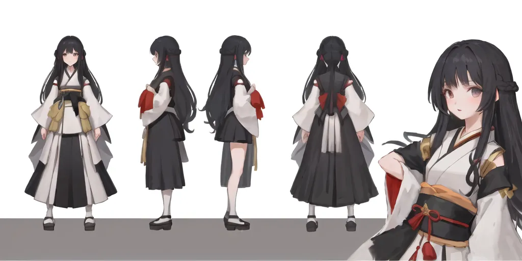 La imagen muestra a un personaje con el cabello negro largo vestido con un kimono en blanco y negro con acentos rojos y dorados. El kimono tiene un cuello blanco y mangas blancas con puños negros. El personaje lleva un obi negro con una cinta roja en la parte delantera. También lleva calcetines negros y zapatos blancos. El personaje está de pie en una postura relajada con una mano en la cadera y la otra sosteniendo el cuello de su kimono. El personaje tiene una expresión confiada en su rostro.