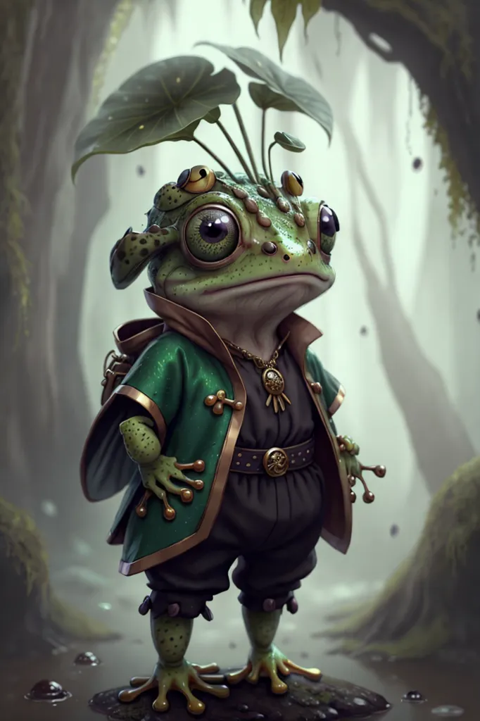 The image shows a small anthropomorphic frog standing in a lush forest. The frog is wearing a green tunic and a brown belt. It has a large backpack on its back and is holding a staff in its right hand. The frog has big, round eyes and a wide mouth. Its skin is green and it has a few warts on its face. The forest is full of green trees and plants. There is a river in the background and a few mushrooms on the ground.