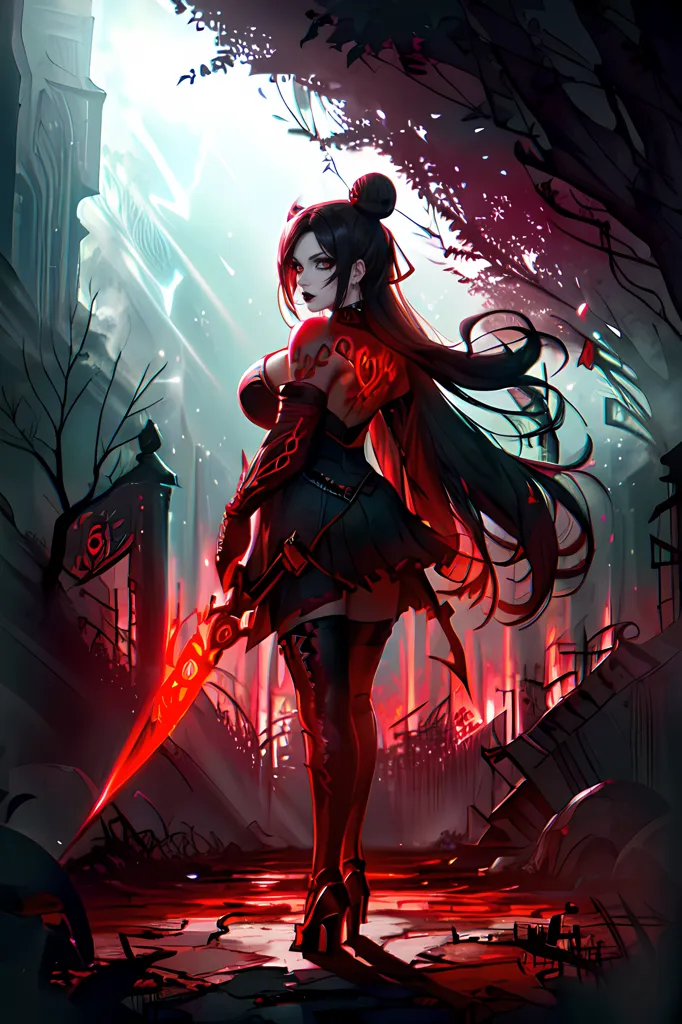 The image is of a woman standing in a ruined city. She is wearing a red and black dress and has long black hair. She is holding a sword in her right hand. The city is in ruins and there are dead bodies everywhere. The sky is dark and there are red clouds.