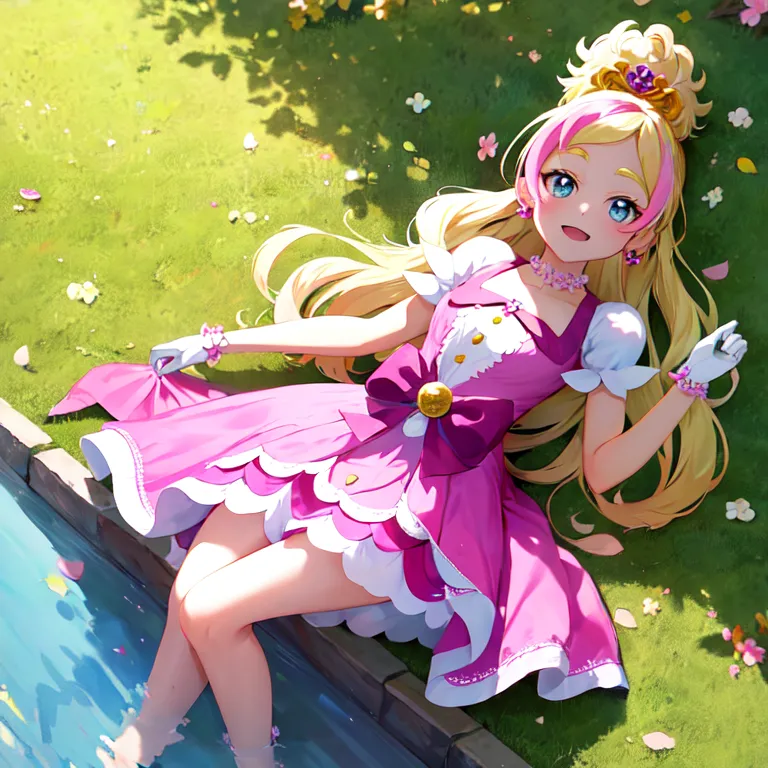 The image shows a girl with long, flowing blonde hair and blue eyes. She is wearing a pink dress with a white and gold bodice. The skirt of the dress is made of several layers of pink ruffles. She is also wearing white gloves and a gold necklace. The girl is sitting on the edge of a fountain, with her feet in the water. She has a happy expression on her face and her eyes are closed. There are green leaves and pink flowers in the background.