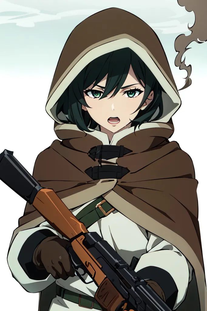 The image shows a young woman with green hair and eyes. She is wearing a brown cloak with a hood and a white shirt. She is also wearing a brown belt with a pouch on her right side. She is holding a gun in her right hand. She has a serious expression on her face. The background is white with a few clouds.