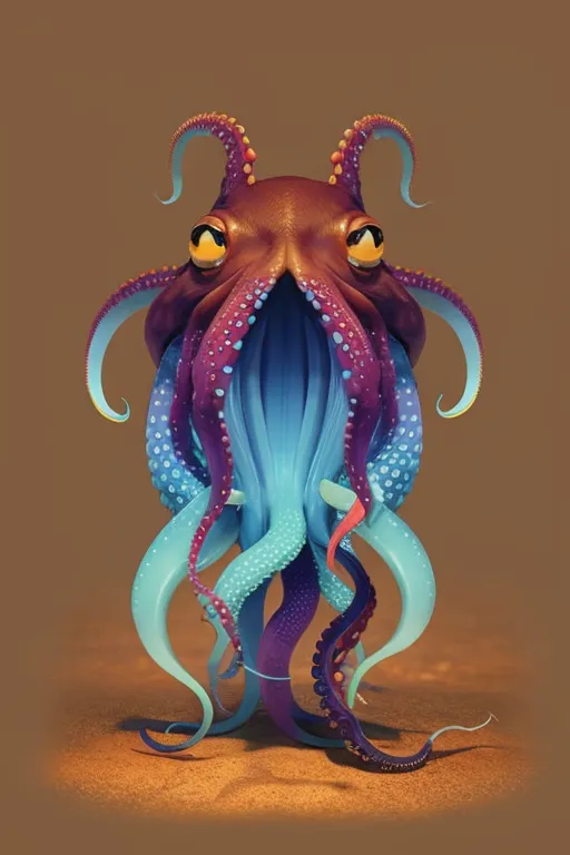 Esta es una pintura digital de un pulpo. El pulpo tiene tentáculos azules y morados y un cuerpo marrón claro. Tiene ojos amarillos grandes y una boca con forma de pico. El pulpo está parado en el fondo arenoso del océano. El fondo es de un color marrón sólido.