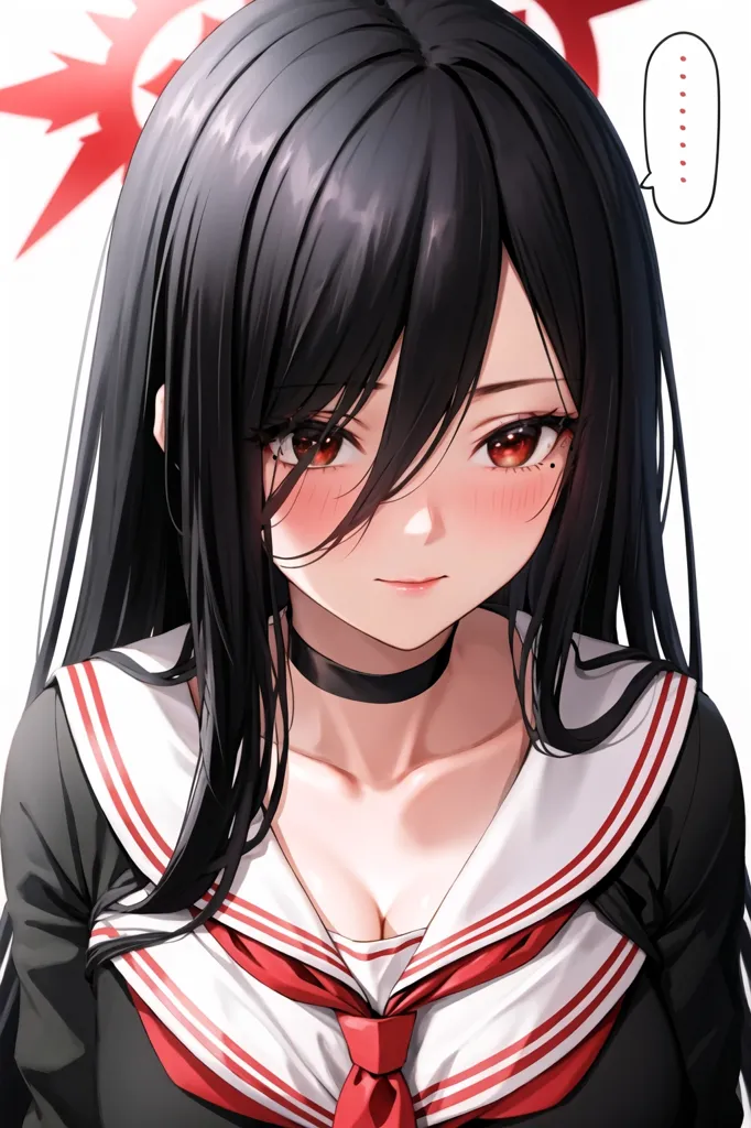 The image is of a young woman with long black hair, red eyes, and a slight blush on her cheeks. She is wearing a white shirt with a red collar and black sleeves. She has a black choker around her neck and a red ribbon tied around her chest. She has a small, embarrassed smile on her face and is looking at the viewer with her head tilted slightly to the right.