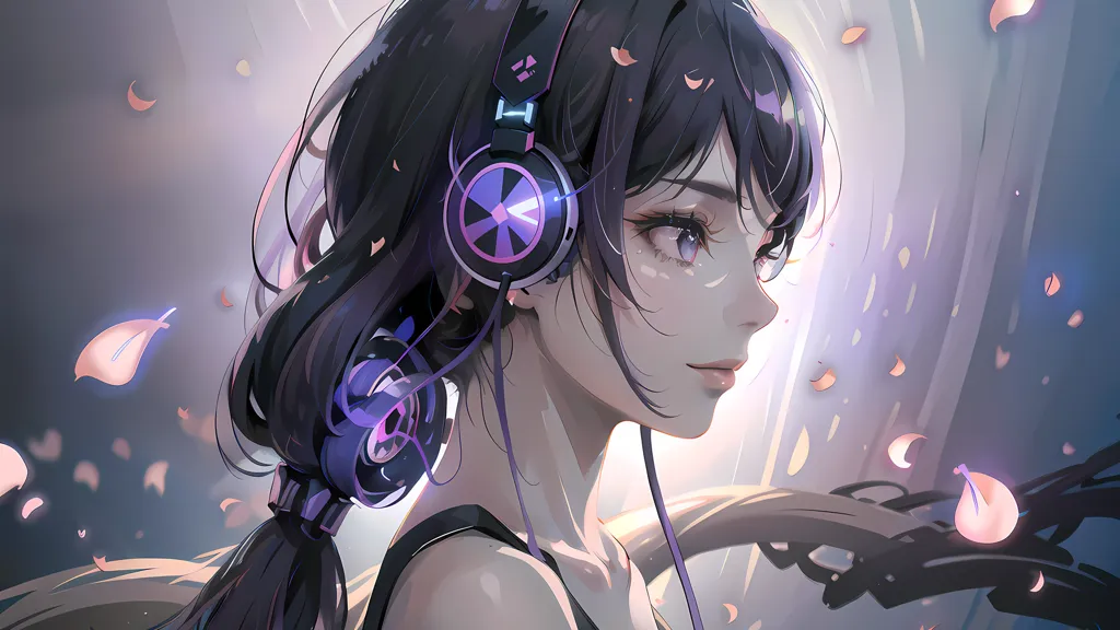 The image is a portrait of a young woman with long black hair and purple eyes. She is wearing a black tank top and has a pair of purple headphones over her ears. She is looking to the right of the frame and has a soft smile on her face. There are several small, pink flower petals floating around her. The background is a gradient of light purple at the top to dark purple at the bottom.