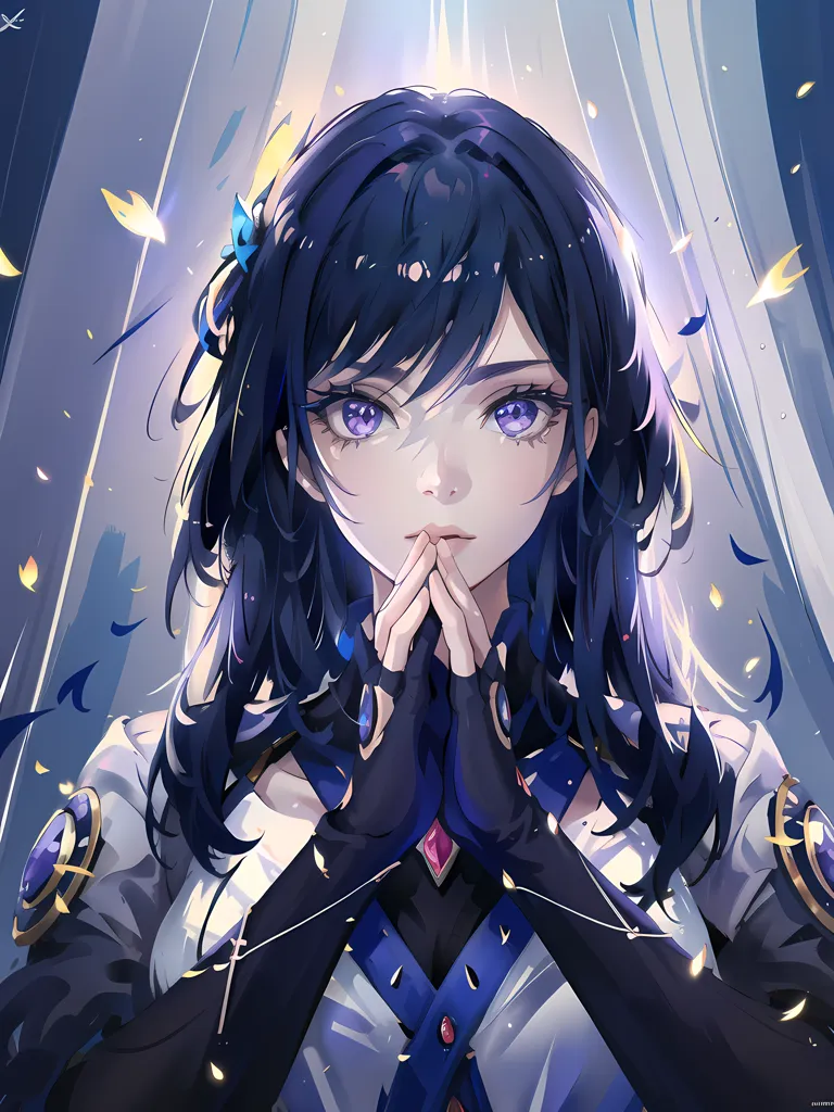 La imagen es de una chica de estilo anime con el cabello azul oscuro y largo y ojos morados. Lleva un vestido blanco y azul con un collar negro. Tiene las manos juntas delante del pecho y mira al espectador con una expresión serena. Hay varias mariposas amarillas pequeñas y brillantes a su alrededor. El fondo es un degradado azul claro con varios pétalos de flores blancas y amarillas flotando en el aire.