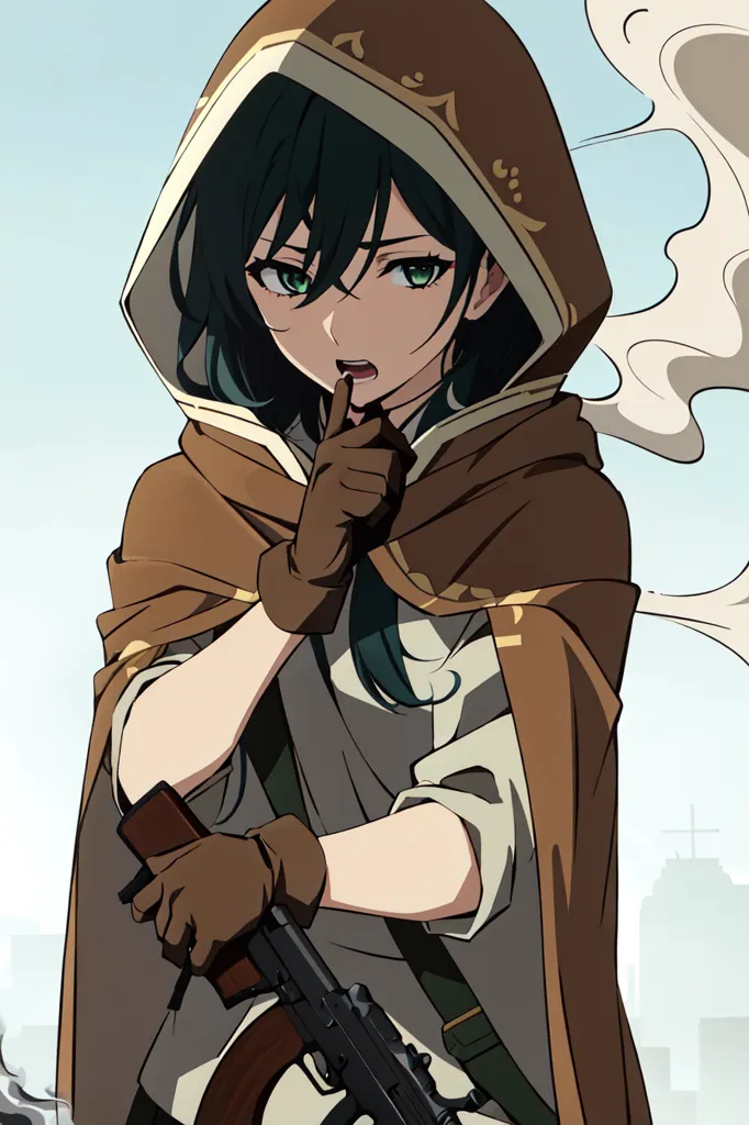 This image shows a young woman wearing a brown cloak with a hood. She has green eyes and long dark green hair. She is holding a gun in her right hand and has her left hand up to her lips in a \