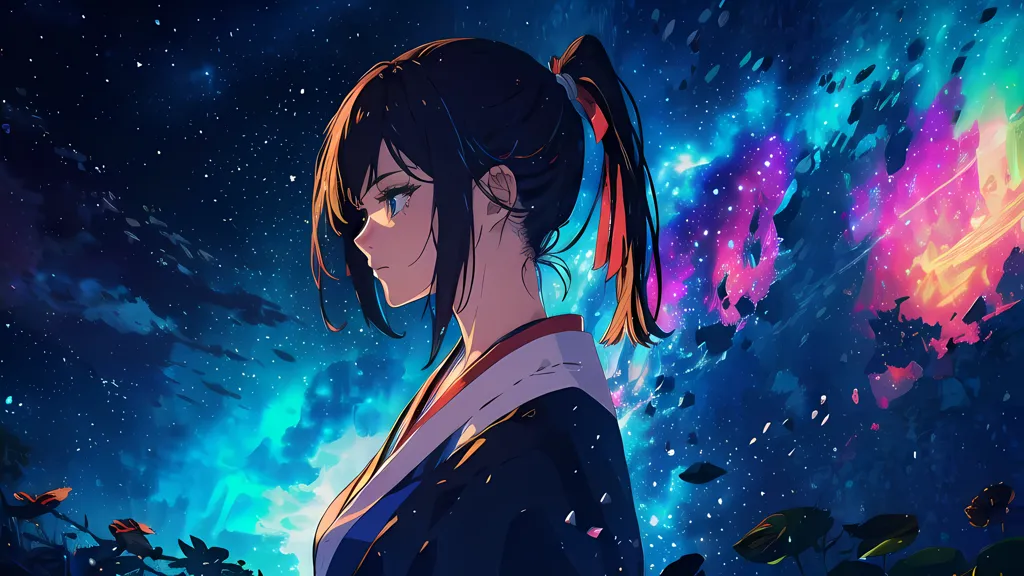 The image is of a girl with brown hair and green eyes. She is wearing a blue kimono with a white obi. The girl is standing in a field of flowers, and there is a large tree behind her. The sky is dark, and there are many stars in the sky. The girl is looking at the sky, and she has a sad expression on her face.