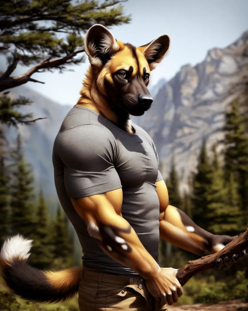 The image is a muscular anthropomorphic jackal with dark fur and a white belly. He is wearing a gray T-shirt and brown pants. He is standing in a forest, holding a large branch in his hands. The background is a mountain range, with a few trees in the foreground. The jackal is looking to the right of the frame.