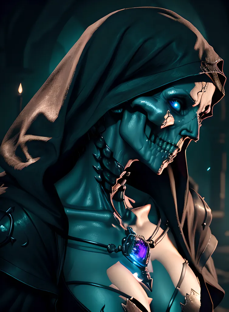 The image is of a skull with a blue glow in the eye sockets. It is wearing a dark blue hood and has a silver necklace with a blue gem in the center. The skull is looking to the right of the frame. The background is dark.