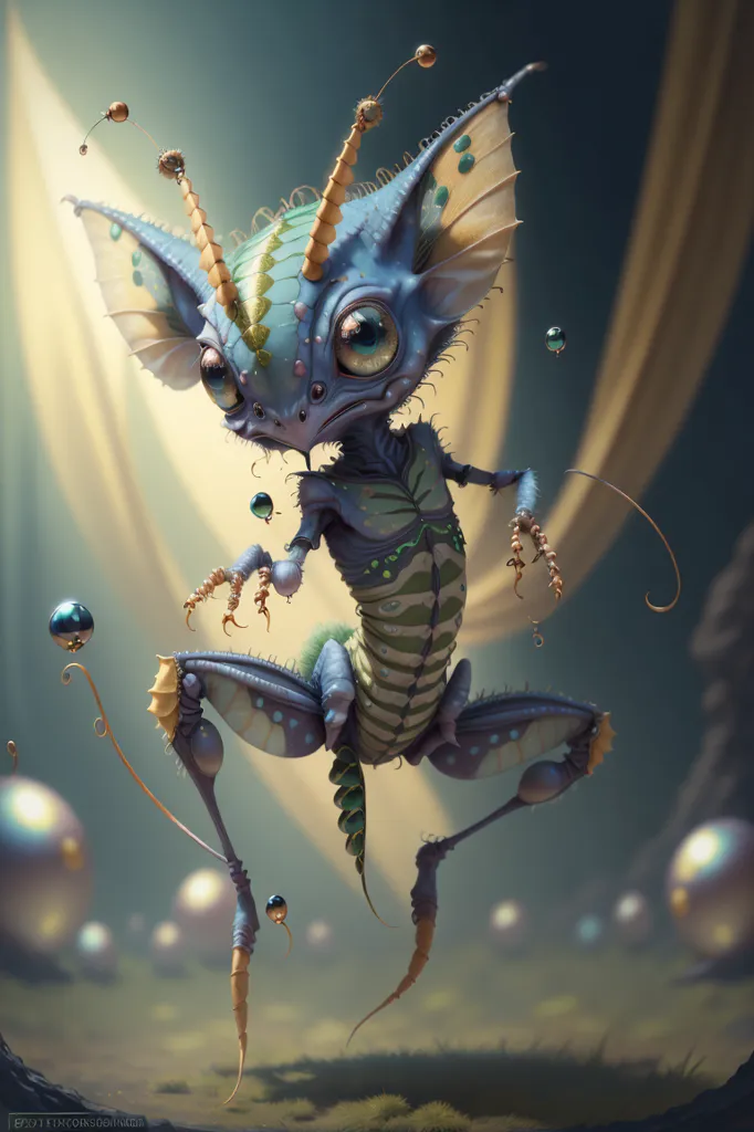 The image is a digital painting of a small, blue alien creature. It has large, round eyes, a wide mouth, and a long, segmented body. Its arms and legs are thin and spindly, and it has a pair of large, dragonfly-like wings. The creature is standing on a grassy field, and there are several small, glowing orbs floating around it. The background is a blur of soft, pastel colors.