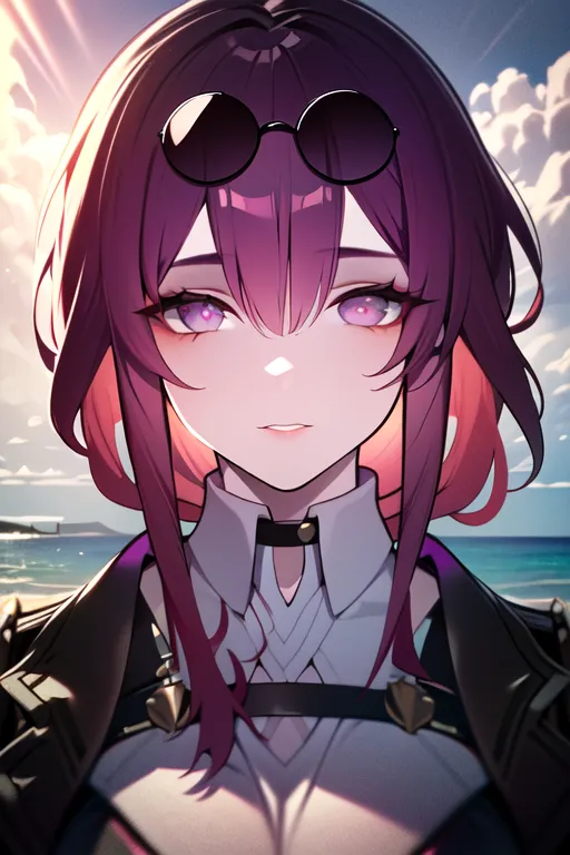 The image shows a young woman with purple hair and purple eyes. She is wearing a white shirt, black jacket, and sunglasses. She is standing on a beach, and the ocean is behind her. The sun is shining, and there are clouds in the sky.