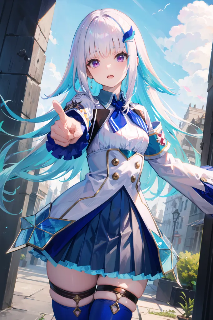 The image is an anime-style drawing of a girl with long white and blue hair. She is wearing a white and blue military-style outfit with a short skirt and thigh-high socks. She has a serious expression on her face and is pointing forward with her right hand. She is standing in a city street with a building in the background.