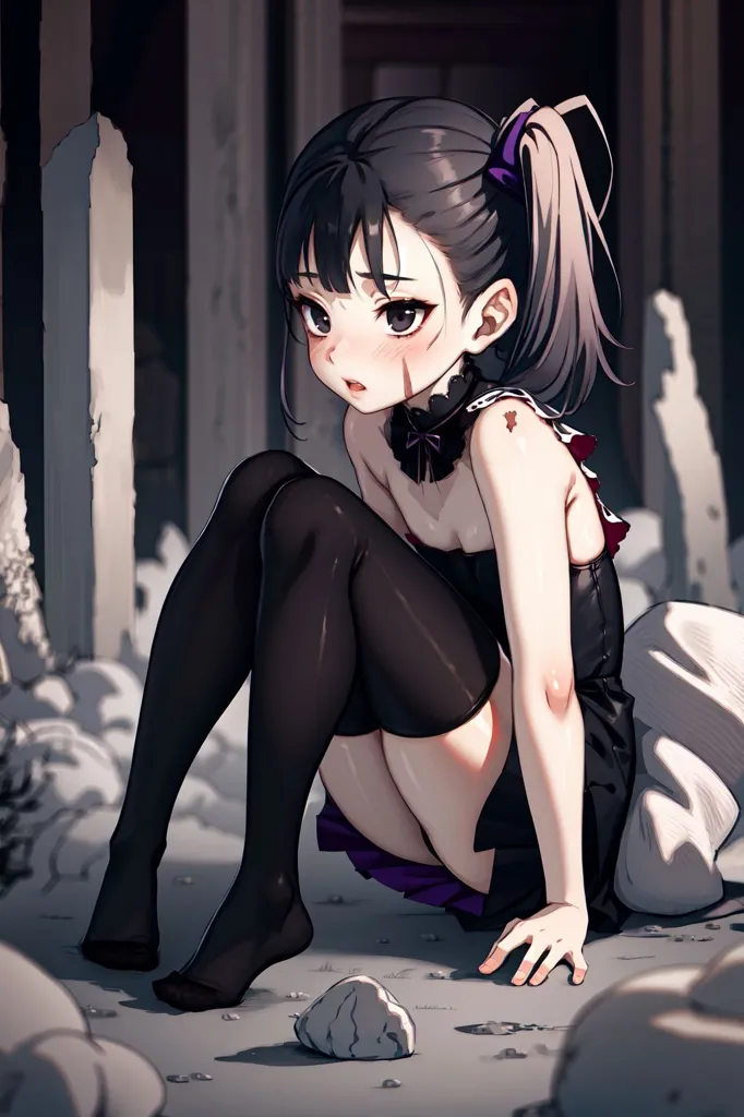 The image is of a young girl with long black hair and purple eyes. She is wearing a black dress with a purple ribbon in her hair. She is sitting on the ground in a ruined city. The girl is looking at the viewer with a sad expression on her face.