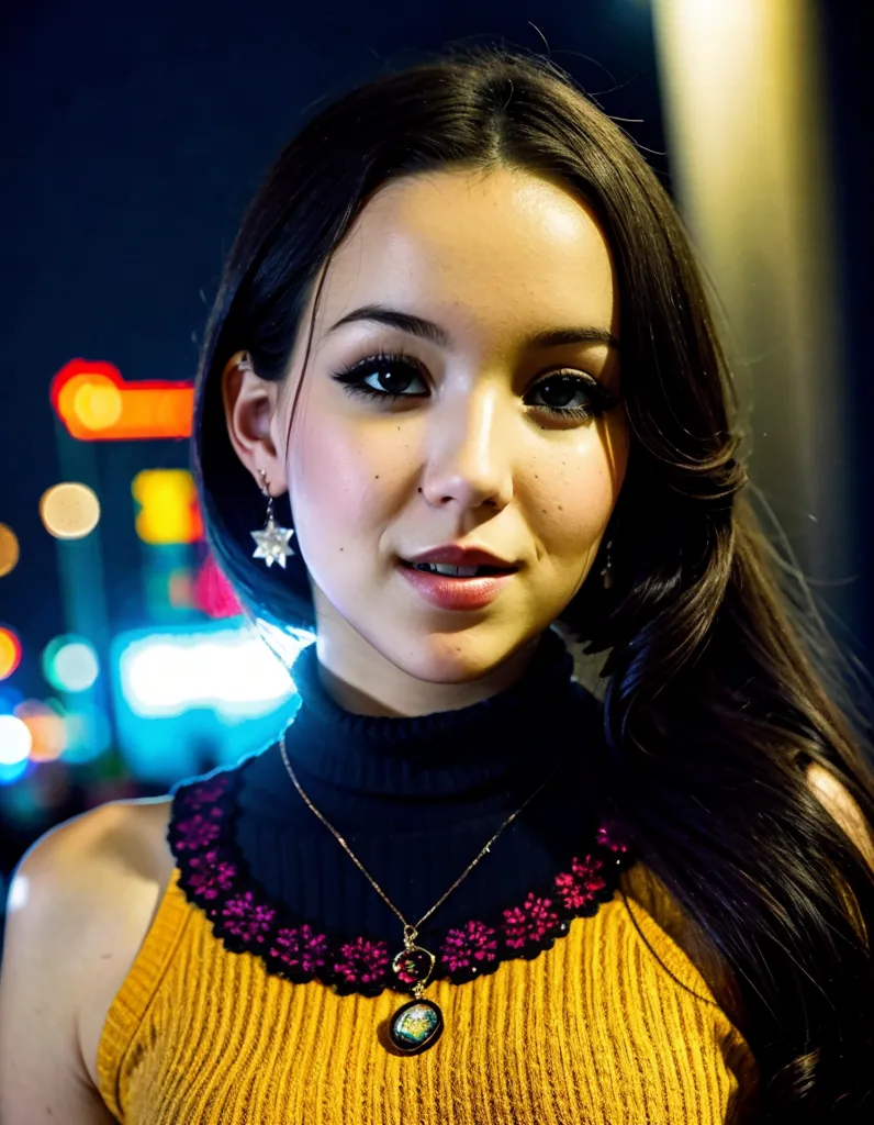 The image shows a young woman with long, dark hair. She is wearing a yellow sleeveless turtleneck blouse with a pink and purple floral collar. She is also wearing a silver necklace with a blue gem in the center. The background of the image is blurred and out of focus. The woman is looking at the camera with a slight smile on her face.