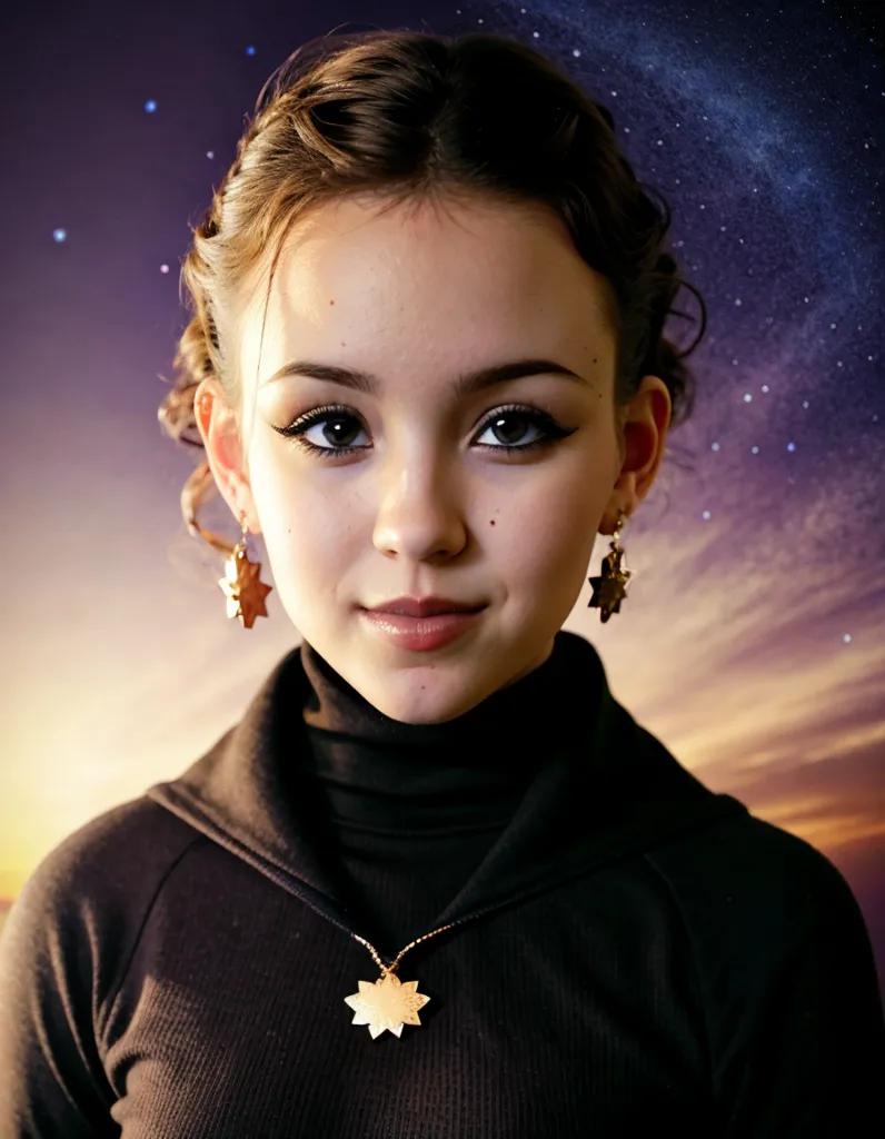 The image shows a young girl with long brown hair styled in two buns on top of her head. She has brown eyes and is wearing a black turtleneck sweater with a gold necklace and earrings in the shape of a star. She is standing in front of a starry night sky with a bright orange and yellow sunset.