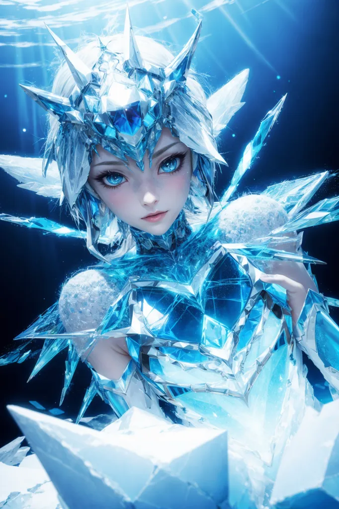 This image shows a beautiful woman with long white hair and blue eyes. She is wearing an elaborate ice and crystal-like outfit with a crown on her head. The outfit covers her body like armor. She has a serious look on her face and is looking at the viewer. The background is a dark blue color.