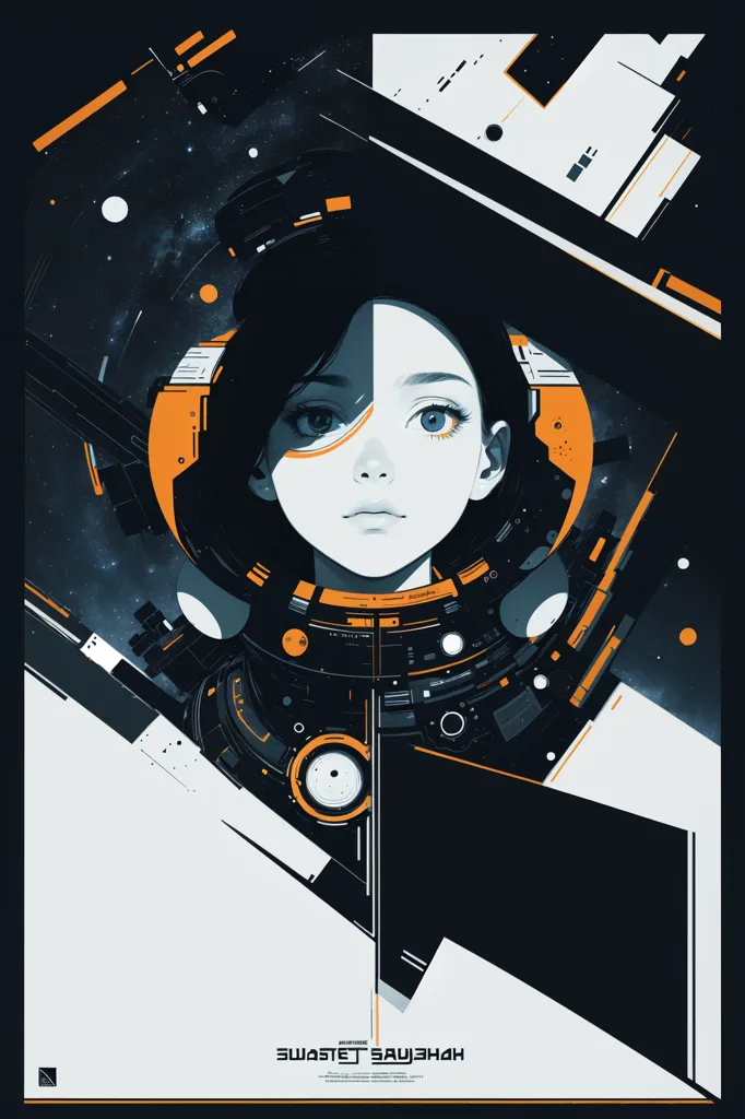 L'image est un portrait d'une jeune femme aux cheveux noirs courts et aux yeux bleus. Elle porte une combinaison spatiale futuriste avec des accents orange. L'arrière-plan est bleu foncé avec des formes géométriques blanches et orange. Le visage de la femme est partiellement masqué par son casque, et elle a une expression déterminée sur le visage. L'image est en orientation verticale.