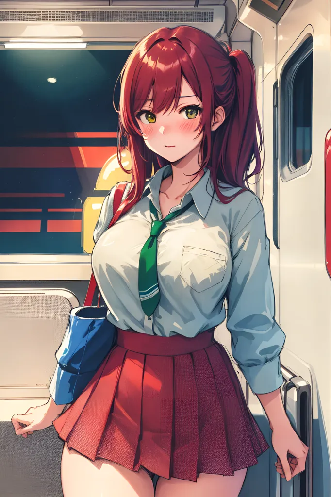 The image depicts a young woman with long red hair and green eyes. She is wearing a white blouse, red tie, and red pleated skirt. She is standing in a train or subway car, holding the door open with one hand and a blue bag with the other.