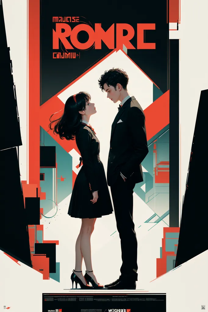 This is an illustration of a man and a woman standing close to each other. The man is on the right side of the image and the woman is on the left side. They are both wearing black suits. The man has a red tie and the woman has a black bowtie. They are both looking at each other with serious expressions on their faces. The background is a white, grey, and red geometric pattern. There is a red rectangle in the middle of the background. The rectangle is outlined in black and has a white circle in the center. There are also some small red circles scattered around the background.