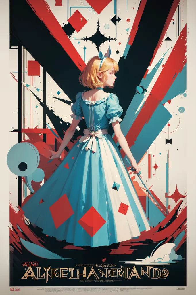 The image is a poster for a video game called "Alice: Asylum." It features a young woman in a blue and white dress with a red sash. She is standing in front of a red and white background and is holding a knife in her right hand. The woman has short blond hair and blue eyes, and she is looking at the viewer with a determined expression. The poster is decorated with various geometric shapes and symbols, and the text "Alice: Asylum" is written at the top in red letters.