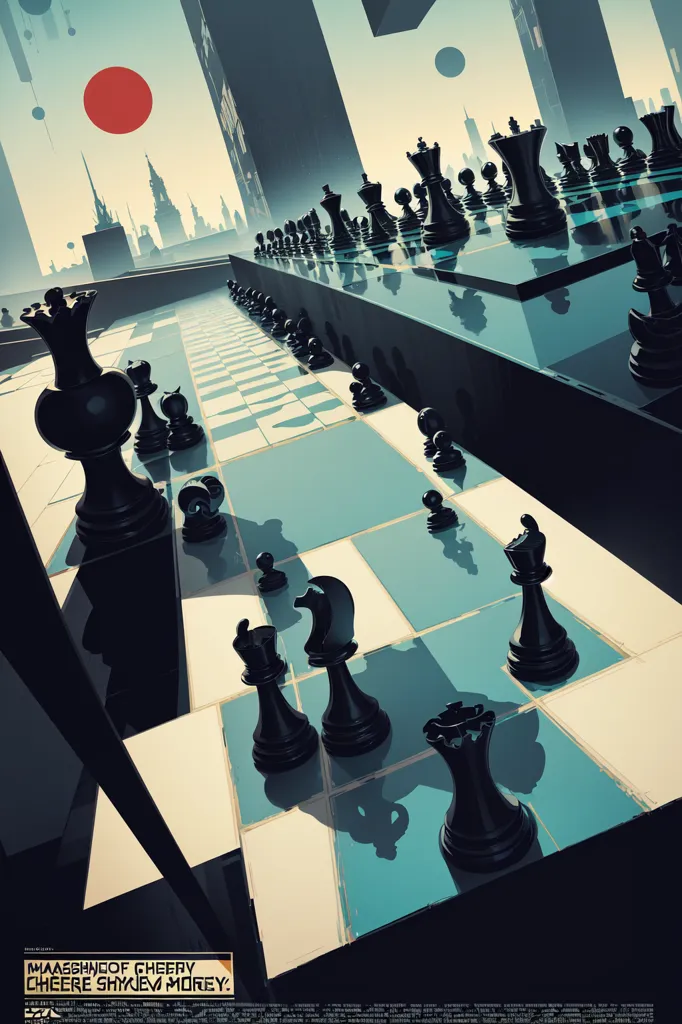 The image is a digital painting of a chessboard. The board is set up with the black pieces on the left side and the white pieces on the right side. The background is a cityscape with tall buildings and a red sun. The chessboard is in the foreground and is made of light and dark blue squares. The pieces are black and white and are made of a reflective material. The image is very detailed and the artist has used a variety of techniques to create a realistic and visually appealing image.