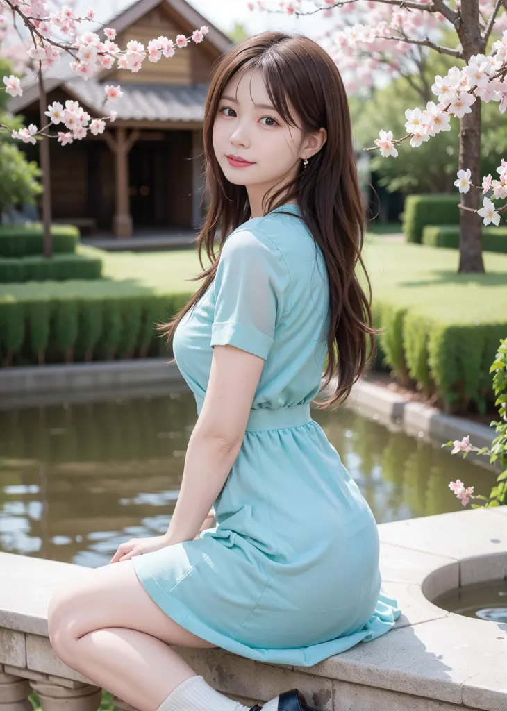 The picture shows a young woman with long dark hair sitting on a stone bench in a garden. She is wearing a blue dress with a white collar. The dress is short and her legs are crossed with her right foot under and her left foot forward on the stone. She is looking at the camera with a slight smile on her face. There are pink flowers on the trees behind her and a pond to her right. In the background is a traditional house with a dark roof.