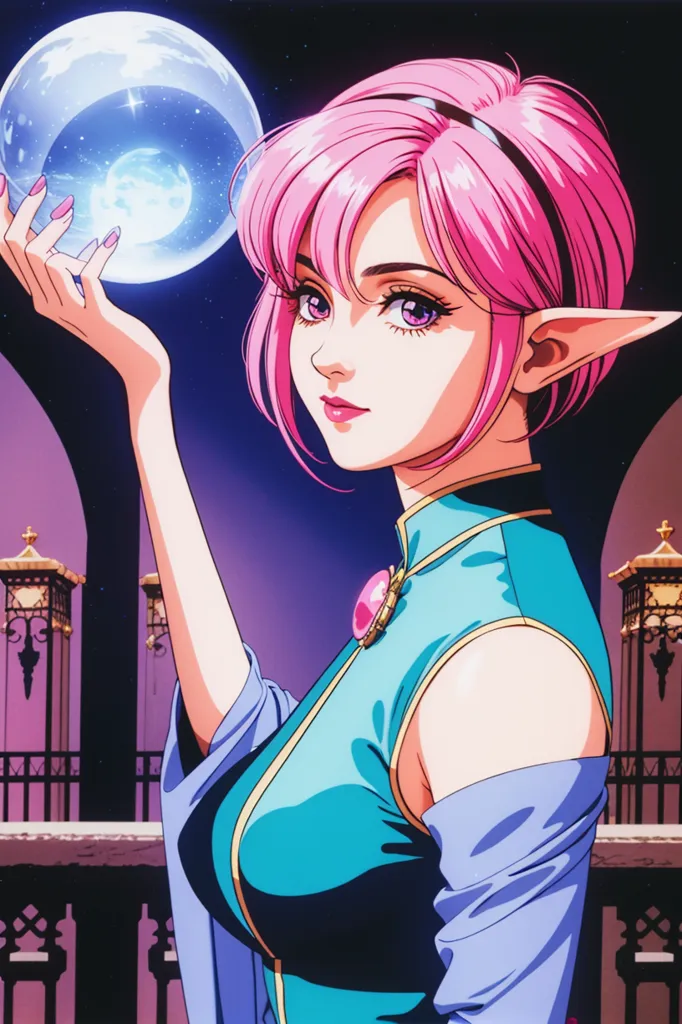 A imagem é de uma bela garota de anime com cabelos rosa e olhos azuis. Ela está usando um cheongsam azul com um obi rosa e tem uma expressão séria no rosto. Ela está em pé em frente a um corrimão ornamentado e há uma lua grande ao fundo. A imagem é desenhada em um estilo realista e as cores são vibrantes.