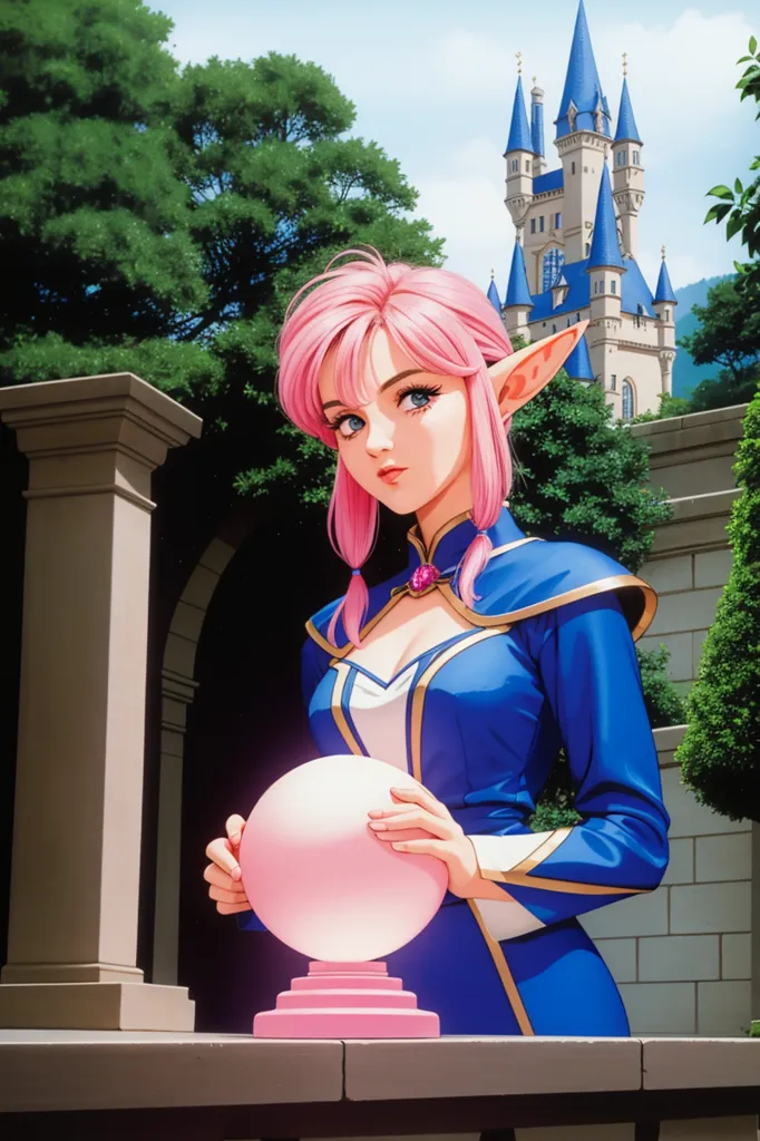 La imagen es de una chica elfa de anime con el cabello rosa, vestida con un vestido azul con adornos dorados. Está de pie en un patio, sosteniendo una bola de cristal rosa. Hay un árbol grande a su izquierda y un castillo al fondo. La chica mira la bola de cristal con una expresión seria en su rostro.