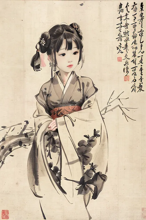 L'image est une peinture chinoise d'une jeune femme. Elle porte une robe traditionnelle chinoise et a les cheveux attachés en chignon. L'arrière-plan est un simple lavis de couleur. La peinture est réalisée dans un style réaliste, et l'artiste a capturé la beauté et la grâce de la femme. L'image est également remplie d'émotion, et les yeux de la femme semblent raconter une histoire.