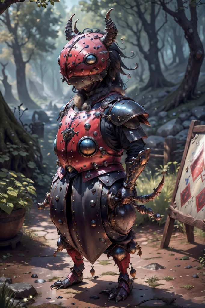 The image shows a humanoid creature wearing a suit of red and black armor. The armor is decorated with several rivets and has a ladybug-like appearance. The creature has a large head with two horns and a pair of antennae. Its eyes are yellow, its skin is pale, and it has long brown hair. It is also wearing a brown belt and a pair of brown boots. The creature is standing in a forest, and there is a wooden signpost in the background.