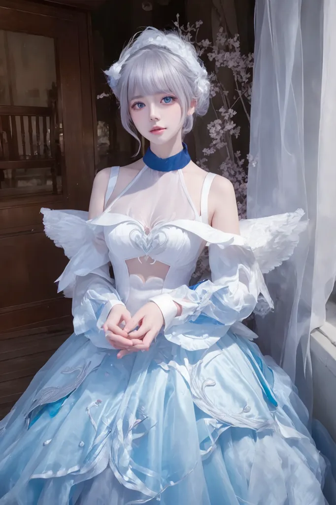 The image is of a beautiful anime girl with long white hair and blue eyes. She is wearing a white and blue dress with a large blue bow on her chest. She is also wearing a pair of white gloves and a pair of white boots. She is standing in front of a white background with a large window on the right side.