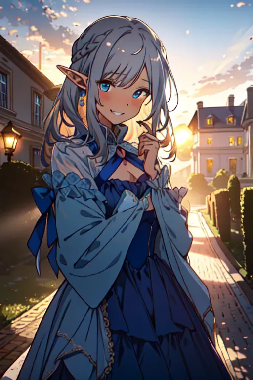 The image is a painting of a beautiful elf girl with long silver hair and blue eyes. She is wearing a blue dress with a white camisole and a blue bow in her hair. She is standing in a European-style street with buildings on both sides and a large clock tower in the distance. The sun is setting and the sky is a gradient of orange and yellow. The girl is smiling and has a happy expression on her face.