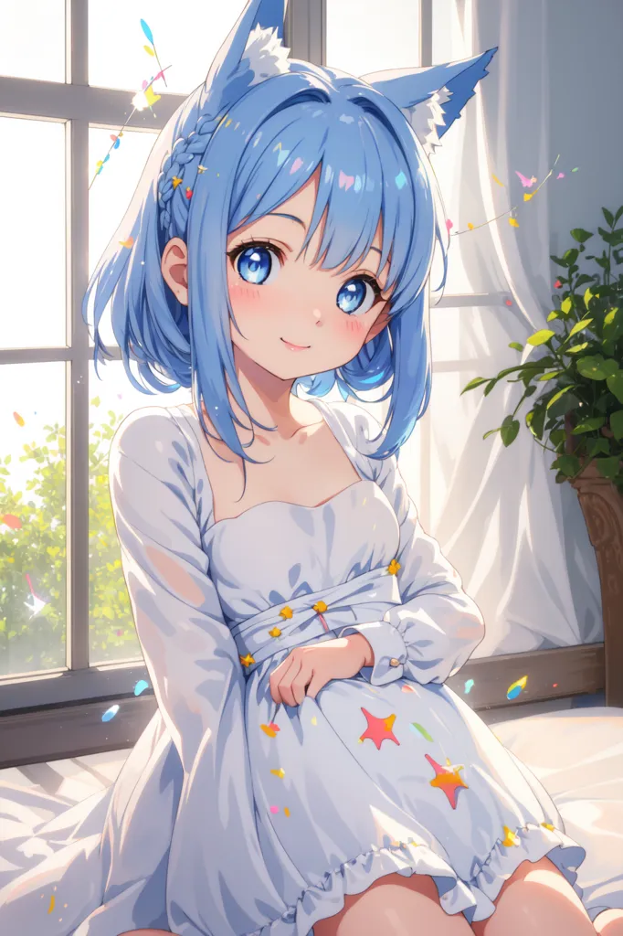 The image is of an anime girl with blue hair and eyes. She is wearing a white dress with a blue sash and has a cat-like tail. She is sitting on a bed in front of a window and there are plants on the floor beside her. The girl is smiling and looks happy.