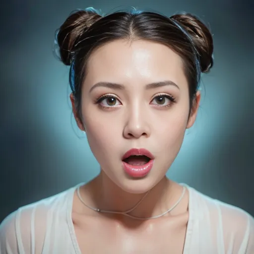 The image shows a young woman with light brown hair. Her hair is styled in two buns on top of her head. She has light makeup on and is wearing a white shirt. She is looking at the camera with her mouth open in surprise. Her expression is one of shock or disbelief.