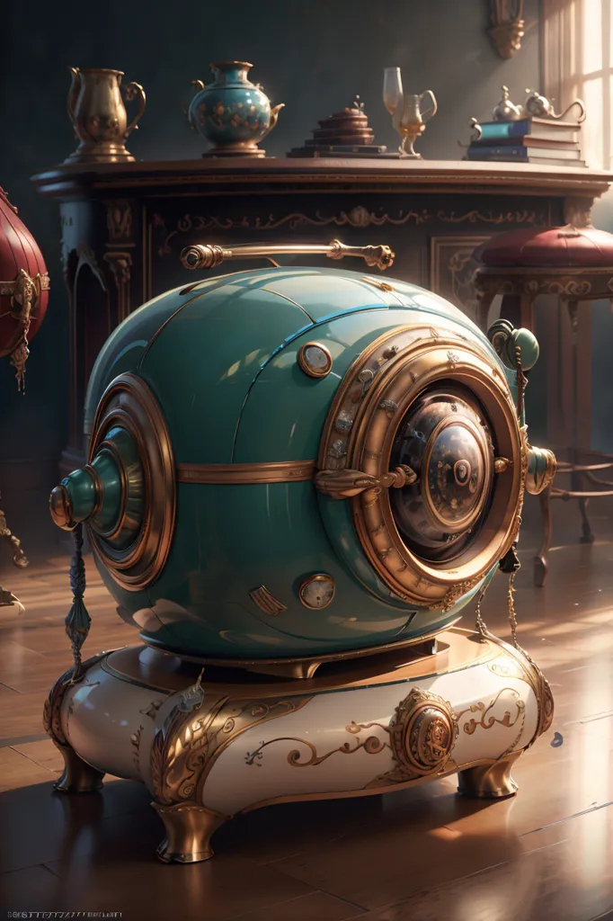 Gambar tersebut menunjukkan pemutar musik bergaya steampunk. Ini adalah perangkat bulat besar dengan eksterior hijau dan emas. Perangkat ini memiliki banyak detail rumit, termasuk roda gigi, cog, dan paku keling. Ada jendela bulat besar di bagian depan perangkat, yang dikelilingi oleh bingkai emas. Perangkat ini terletak di atas meja kayu dan ada tirai hijau di belakangnya.