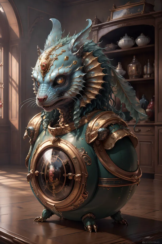 The image is a 3D rendering of a cat-like creature with blue and green scales. It is wearing a golden and green suit of armor and has a large clock on its chest. The creature is standing in a room with a wooden floor and a large window in the background. There are shelves on the walls with various objects on them. The creature is looking at the viewer with its mouth slightly open.