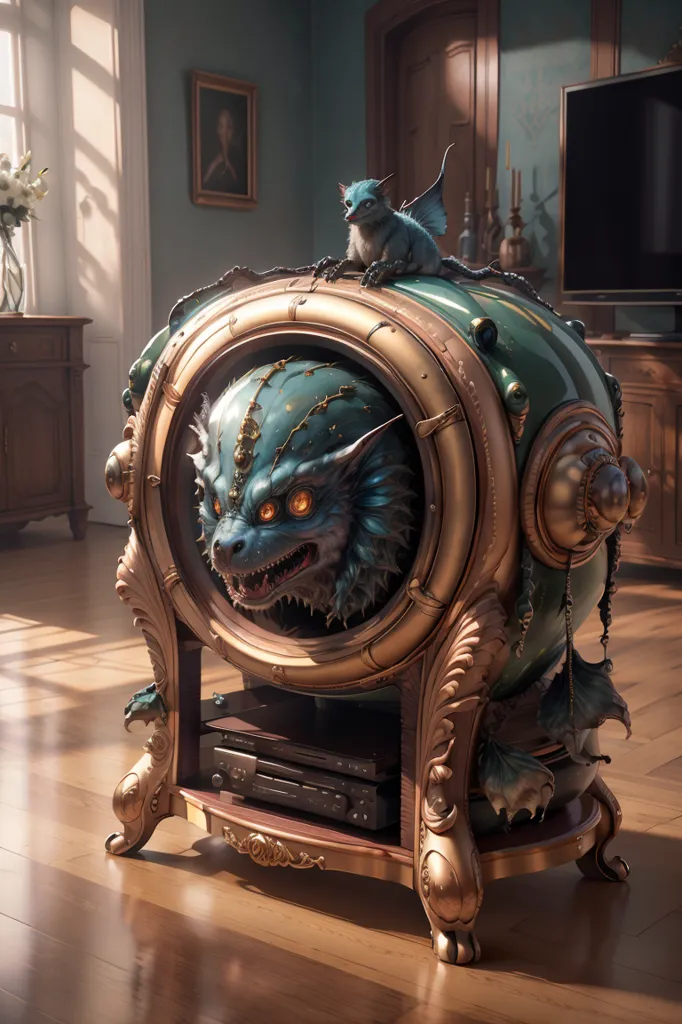 The image is a 3D rendering of a steampunk-style record player. The record player is made of wood and metal and has a large, round face with a dragon's head in the center. The dragon's head is blue and green with yellow eyes and sharp teeth. The record player is also decorated with various other steampunk-style details, such as gears, rivets, and pipes. There is a small creature sitting on the record player. The creature looks like a cross between a cat and a rabbit and is white with blue eyes. It is wearing a collar with a bell on it. There is a vase of flowers sitting on a table next to the record player. The flowers are pink and white. There is a painting of a woman hanging on the wall behind the record player. The woman is wearing a blue dress and has long, black hair. There is a wooden door to the right of the record player. There is a flat screen TV sitting on top of a wooden cabinet next to the door. There is a window to the left of the record player. The window is covered in frost. There is a light coming in from the window. The light is white.