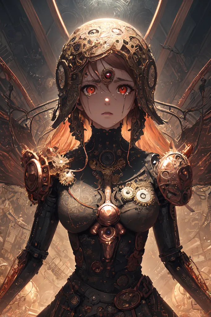 This is an image of a steampunk girl. She is crying and looks sad. She is wearing a steampunk outfit with a lot of gears and cogs. She has a clock on her chest and her eyes are red. She is standing in a dark place with a lot of machinery around her.